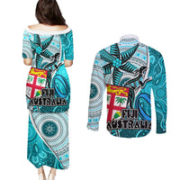 fiji-australia-rugby-couples-matching-puletasi-dress-and-long-sleeve-button-shirts-kangaroo-and-palm-tree-blue-tapa-pattern-mix-aboriginal