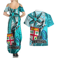 Fiji Australia Rugby Couples Matching Summer Maxi Dress and Hawaiian Shirt Kangaroo and Palm Tree Blue Tapa Pattern Mix Aboriginal LT03 - Polynesian Pride