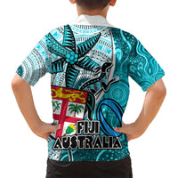 Fiji Australia Rugby Hawaiian Shirt Kangaroo and Palm Tree Blue Tapa Pattern Mix Aboriginal LT03 - Polynesian Pride