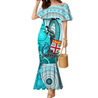 Fiji Australia Rugby Mermaid Dress Kangaroo and Palm Tree Blue Tapa Pattern Mix Aboriginal LT03 Women Blue - Polynesian Pride