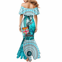 Fiji Australia Rugby Mermaid Dress Kangaroo and Palm Tree Blue Tapa Pattern Mix Aboriginal LT03 - Polynesian Pride
