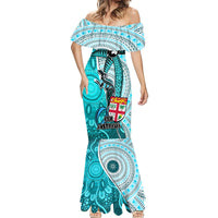 Fiji Australia Rugby Mermaid Dress Kangaroo and Palm Tree Blue Tapa Pattern Mix Aboriginal LT03 - Polynesian Pride