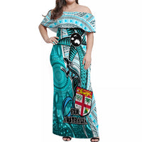 Fiji Australia Rugby Off Shoulder Maxi Dress Kangaroo and Palm Tree Blue Tapa Pattern Mix Aboriginal LT03 Women Blue - Polynesian Pride