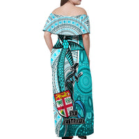 Fiji Australia Rugby Off Shoulder Maxi Dress Kangaroo and Palm Tree Blue Tapa Pattern Mix Aboriginal LT03 - Polynesian Pride