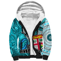 Fiji Australia Rugby Sherpa Hoodie Kangaroo and Palm Tree Blue Tapa Pattern Mix Aboriginal LT03 Unisex Blue - Polynesian Pride