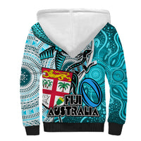 Fiji Australia Rugby Sherpa Hoodie Kangaroo and Palm Tree Blue Tapa Pattern Mix Aboriginal LT03 - Polynesian Pride
