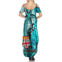 Fiji Australia Rugby Summer Maxi Dress Kangaroo and Palm Tree Blue Tapa Pattern Mix Aboriginal LT03 - Polynesian Pride