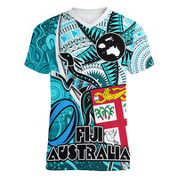 fiji-australia-rugby-women-v-neck-t-shirt-kangaroo-and-palm-tree-blue-tapa-pattern-mix-aboriginal