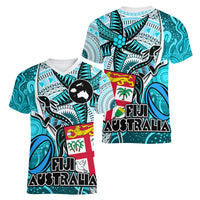 fiji-australia-rugby-women-v-neck-t-shirt-kangaroo-and-palm-tree-blue-tapa-pattern-mix-aboriginal