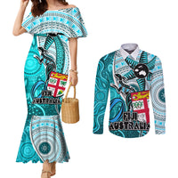 Personalised Fiji Australia Rugby Couples Matching Mermaid Dress and Long Sleeve Button Shirts Kangaroo and Palm Tree Blue Tapa Pattern Mix Aboriginal LT03 Blue - Polynesian Pride