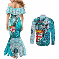 Personalised Fiji Australia Rugby Couples Matching Mermaid Dress and Long Sleeve Button Shirts Kangaroo and Palm Tree Blue Tapa Pattern Mix Aboriginal LT03 - Polynesian Pride