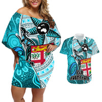 Personalised Fiji Australia Rugby Couples Matching Off Shoulder Short Dress and Hawaiian Shirt Kangaroo and Palm Tree Blue Tapa Pattern Mix Aboriginal LT03 Blue - Polynesian Pride