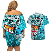 Personalised Fiji Australia Rugby Couples Matching Off Shoulder Short Dress and Hawaiian Shirt Kangaroo and Palm Tree Blue Tapa Pattern Mix Aboriginal LT03 - Polynesian Pride