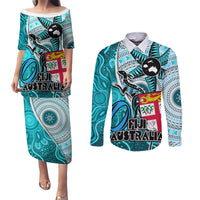 Personalised Fiji Australia Rugby Couples Matching Puletasi Dress and Long Sleeve Button Shirts Kangaroo and Palm Tree Blue Tapa Pattern Mix Aboriginal LT03 Blue - Polynesian Pride