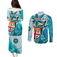 Personalised Fiji Australia Rugby Couples Matching Puletasi Dress and Long Sleeve Button Shirts Kangaroo and Palm Tree Blue Tapa Pattern Mix Aboriginal LT03 - Polynesian Pride