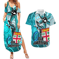 Personalised Fiji Australia Rugby Couples Matching Summer Maxi Dress and Hawaiian Shirt Kangaroo and Palm Tree Blue Tapa Pattern Mix Aboriginal LT03 Blue - Polynesian Pride