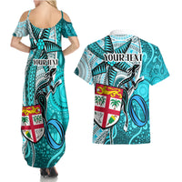 Personalised Fiji Australia Rugby Couples Matching Summer Maxi Dress and Hawaiian Shirt Kangaroo and Palm Tree Blue Tapa Pattern Mix Aboriginal LT03 - Polynesian Pride