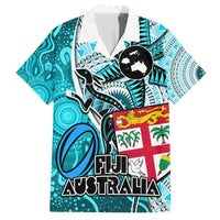 Personalised Fiji Australia Rugby Hawaiian Shirt Kangaroo and Palm Tree Blue Tapa Pattern Mix Aboriginal LT03 Blue - Polynesian Pride