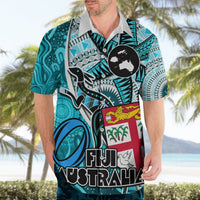 Personalised Fiji Australia Rugby Hawaiian Shirt Kangaroo and Palm Tree Blue Tapa Pattern Mix Aboriginal LT03 - Polynesian Pride