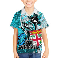 Personalised Fiji Australia Rugby Hawaiian Shirt Kangaroo and Palm Tree Blue Tapa Pattern Mix Aboriginal LT03 - Polynesian Pride