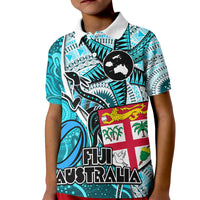 Personalised Fiji Australia Rugby Kid Polo Shirt Kangaroo and Palm Tree Blue Tapa Pattern Mix Aboriginal LT03 Kid Blue - Polynesian Pride