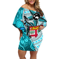 Personalised Fiji Australia Rugby Off Shoulder Short Dress Kangaroo and Palm Tree Blue Tapa Pattern Mix Aboriginal LT03 Women Blue - Polynesian Pride