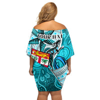 Personalised Fiji Australia Rugby Off Shoulder Short Dress Kangaroo and Palm Tree Blue Tapa Pattern Mix Aboriginal LT03 - Polynesian Pride