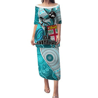 Personalised Fiji Australia Rugby Puletasi Kangaroo and Palm Tree Blue Tapa Pattern Mix Aboriginal LT03 Long Dress Blue - Polynesian Pride