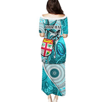 Personalised Fiji Australia Rugby Puletasi Kangaroo and Palm Tree Blue Tapa Pattern Mix Aboriginal LT03 - Polynesian Pride
