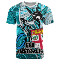 Personalised Fiji Australia Rugby T Shirt Kangaroo and Palm Tree Blue Tapa Pattern Mix Aboriginal LT03 Blue - Polynesian Pride