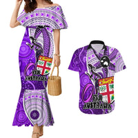 Fiji Australia Rugby Couples Matching Mermaid Dress and Hawaiian Shirt Kangaroo and Palm Tree Purple Tapa Pattern Mix Aboriginal LT03 Purple - Polynesian Pride