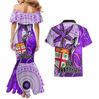 Fiji Australia Rugby Couples Matching Mermaid Dress and Hawaiian Shirt Kangaroo and Palm Tree Purple Tapa Pattern Mix Aboriginal LT03 - Polynesian Pride