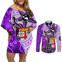 Fiji Australia Rugby Couples Matching Off Shoulder Short Dress and Long Sleeve Button Shirts Kangaroo and Palm Tree Purple Tapa Pattern Mix Aboriginal LT03 Purple - Polynesian Pride