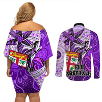 Fiji Australia Rugby Couples Matching Off Shoulder Short Dress and Long Sleeve Button Shirts Kangaroo and Palm Tree Purple Tapa Pattern Mix Aboriginal LT03 - Polynesian Pride