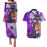 Fiji Australia Rugby Couples Matching Puletasi Dress and Hawaiian Shirt Kangaroo and Palm Tree Purple Tapa Pattern Mix Aboriginal LT03 Purple - Polynesian Pride
