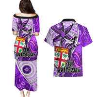 Fiji Australia Rugby Couples Matching Puletasi Dress and Hawaiian Shirt Kangaroo and Palm Tree Purple Tapa Pattern Mix Aboriginal LT03 - Polynesian Pride