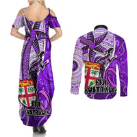 Fiji Australia Rugby Couples Matching Summer Maxi Dress and Long Sleeve Button Shirts Kangaroo and Palm Tree Purple Tapa Pattern Mix Aboriginal LT03 - Polynesian Pride