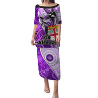 Fiji Australia Rugby Family Matching Puletasi Dress and Hawaiian Shirt Kangaroo and Palm Tree Purple Tapa Pattern Mix Aboriginal LT03 Mom's Dress Purple - Polynesian Pride
