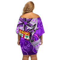 Fiji Australia Rugby Off Shoulder Short Dress Kangaroo and Palm Tree Purple Tapa Pattern Mix Aboriginal LT03 - Polynesian Pride