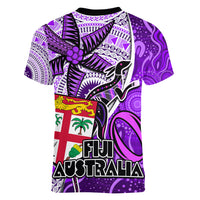 fiji-australia-rugby-women-v-neck-t-shirt-kangaroo-and-palm-tree-purple-tapa-pattern-mix-aboriginal