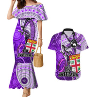 Personalised Fiji Australia Rugby Couples Matching Mermaid Dress and Hawaiian Shirt Kangaroo and Palm Tree Purple Tapa Pattern Mix Aboriginal LT03 Purple - Polynesian Pride