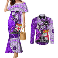 personalised-fiji-australia-rugby-couples-matching-mermaid-dress-and-long-sleeve-button-shirts-kangaroo-and-palm-tree-purple-tapa-pattern-mix-aboriginal