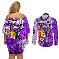 Personalised Fiji Australia Rugby Couples Matching Off Shoulder Short Dress and Long Sleeve Button Shirts Kangaroo and Palm Tree Purple Tapa Pattern Mix Aboriginal LT03 - Polynesian Pride