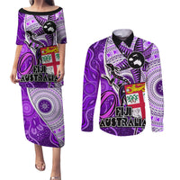 personalised-fiji-australia-rugby-couples-matching-puletasi-dress-and-long-sleeve-button-shirts-kangaroo-and-palm-tree-purple-tapa-pattern-mix-aboriginal