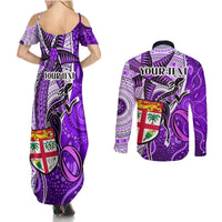 Personalised Fiji Australia Rugby Couples Matching Summer Maxi Dress and Long Sleeve Button Shirts Kangaroo and Palm Tree Purple Tapa Pattern Mix Aboriginal LT03 - Polynesian Pride