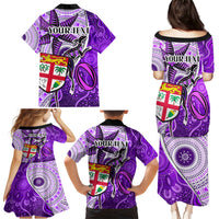 Personalised Fiji Australia Rugby Family Matching Puletasi Dress and Hawaiian Shirt Kangaroo and Palm Tree Purple Tapa Pattern Mix Aboriginal LT03 - Polynesian Pride