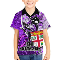 Personalised Fiji Australia Rugby Hawaiian Shirt Kangaroo and Palm Tree Purple Tapa Pattern Mix Aboriginal LT03 - Polynesian Pride