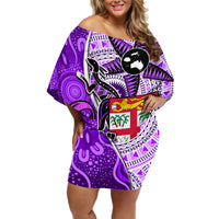 Personalised Fiji Australia Rugby Off Shoulder Short Dress Kangaroo and Palm Tree Purple Tapa Pattern Mix Aboriginal LT03 Women Purple - Polynesian Pride