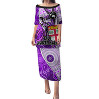 Personalised Fiji Australia Rugby Puletasi Kangaroo and Palm Tree Purple Tapa Pattern Mix Aboriginal LT03 Long Dress Purple - Polynesian Pride