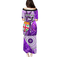 Personalised Fiji Australia Rugby Puletasi Kangaroo and Palm Tree Purple Tapa Pattern Mix Aboriginal LT03 - Polynesian Pride